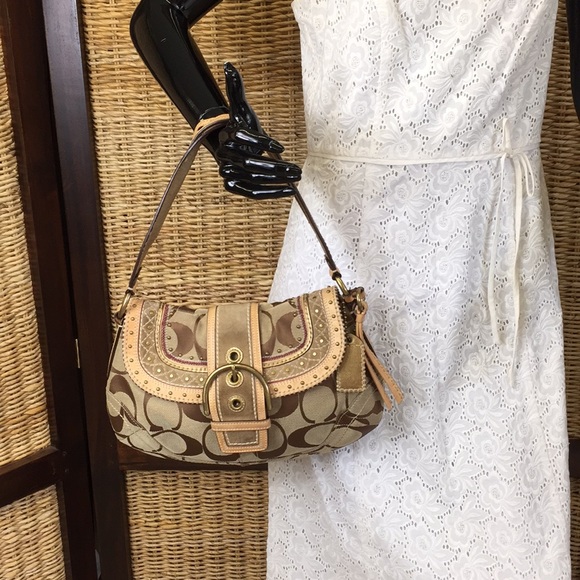 Coach Handbags - Coach purse tan leather/canvas w large buckle